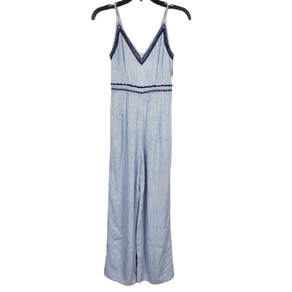 Japna Embroidered Striped Spaghetti Strap Wide Leg Jumpsuit Blue & White